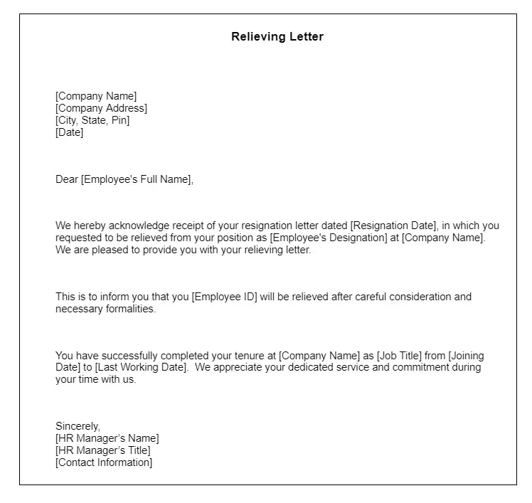 Relieving letter format