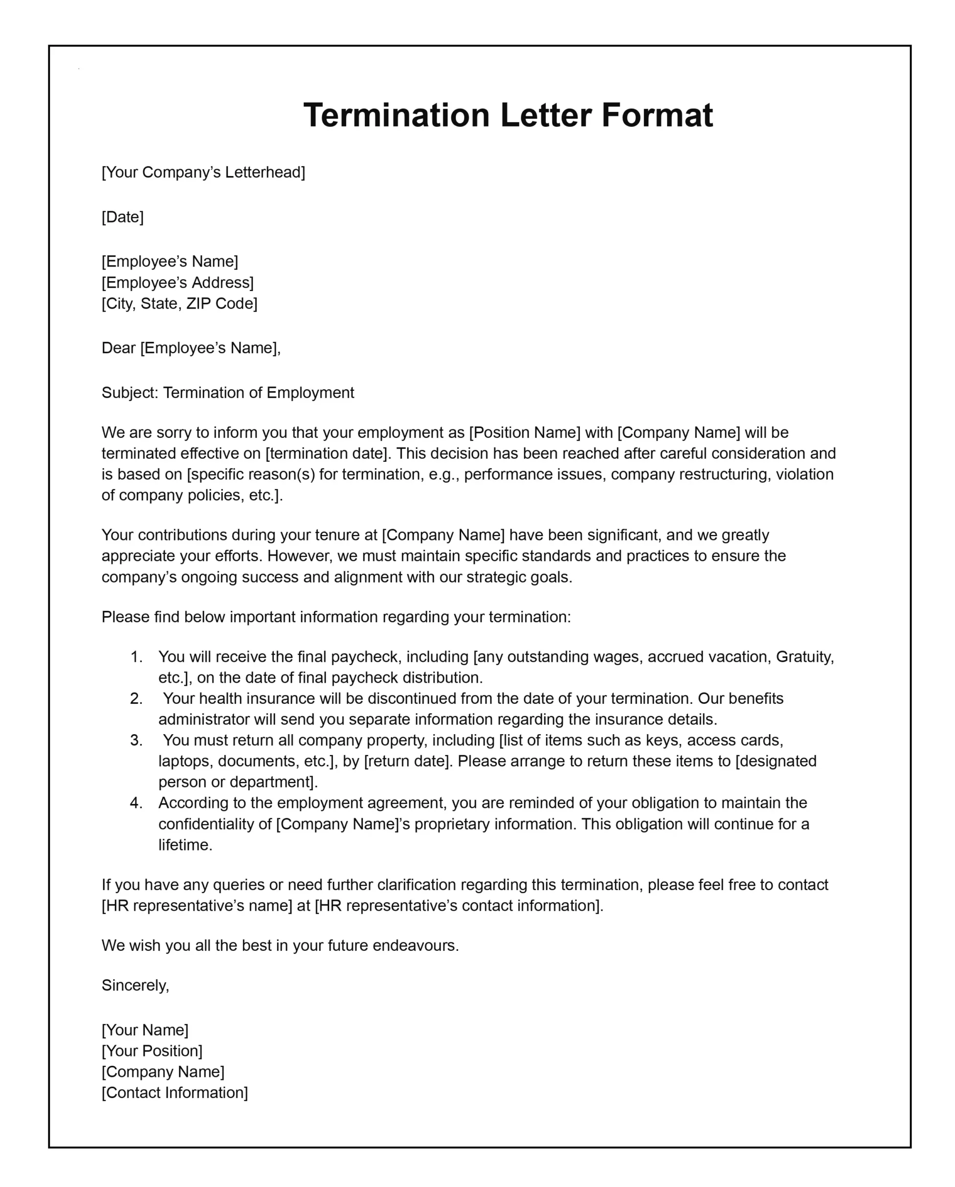 Termination letter format in word